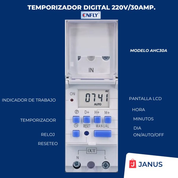 Interruptor Temporizador Digital CNFLY AHC30A de 220V/30 Amp.